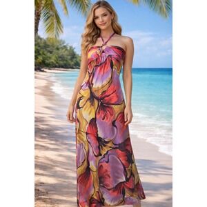 CEFIAN Abstract Face Print Halter Maxi Dress Red Purple Stretch Art XXS -2843